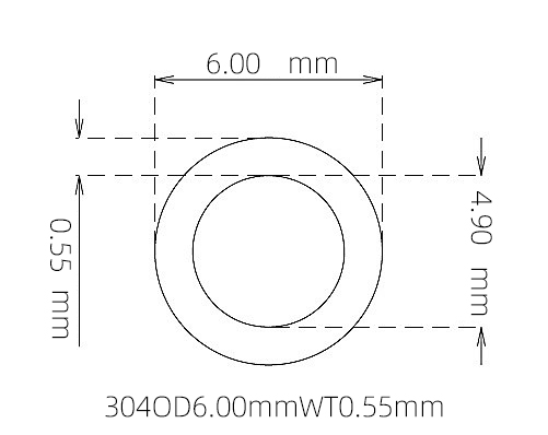 304 Stainless Steel Capillary Tube, 6.00mm OD x 4.90mm ID x 0.55mm Wall