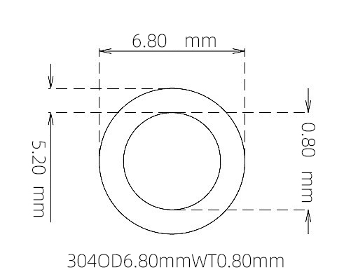 304 Stainless Steel Capillary Tube, 6.80mm OD x 5.20mm ID x 0.80mm Wall