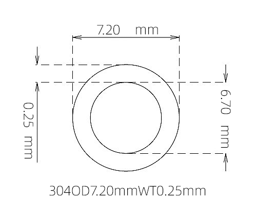 304 Stainless Steel Capillary Tube, 7.20mm OD x 6.70mm ID x 0.25mm Wall