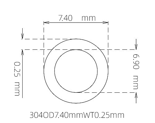 304 Stainless Steel Capillary Tube, 7.40mm OD x 6.90mm ID x 0.25mm Wall
