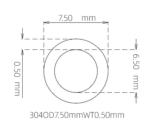 304 Stainless Steel Capillary Tube, 7.50mm OD x 6.50mm ID x 0.50mm Wall