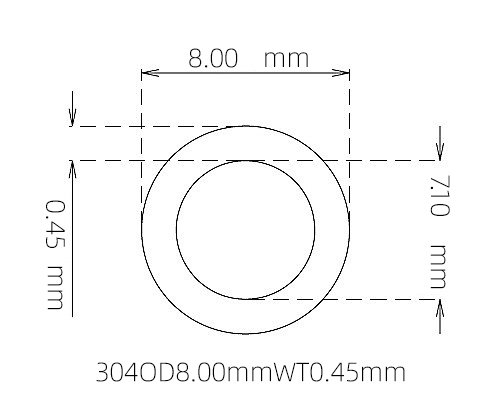 304 Thin Wall Stainless Steel Tube OD 8.00mm ID 7.10mm WT 0.45mm