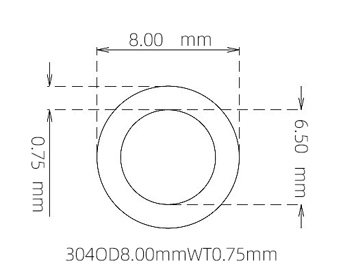304 Thin Wall Stainless Steel Tube OD 8.00mm ID 6.50mm WT 0.75mm
