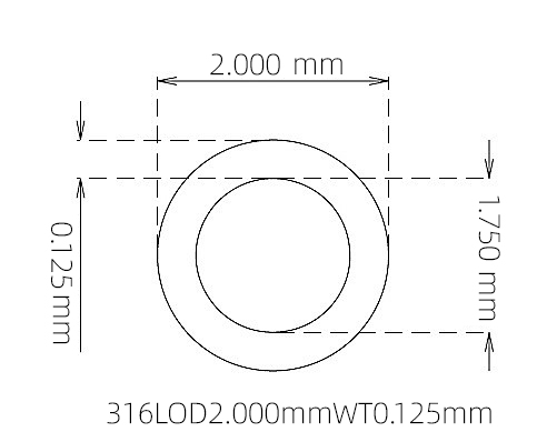 316L Micro Stainless Steel Tube OD 2.000mm ID 1.750mm WT 0.125mm