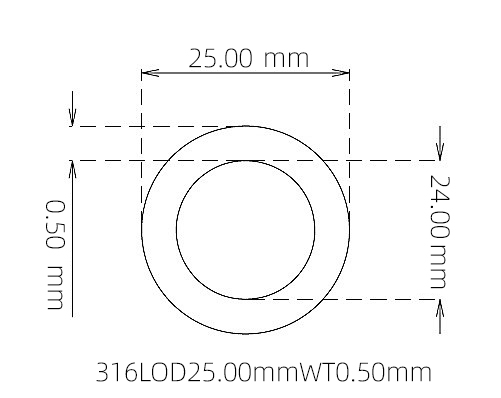 316L Thin Wall Stainless Steel Tube OD 25.00mm ID 24.00mm WT 0.50mm
